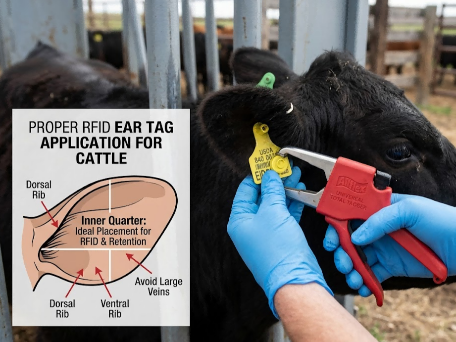 Proper RFID ear tag application technique in the inner quarter of the cattle ear to prevent tag loss and improve retention Proper RFID ear tag application technique in the inner quarter of the cattle ear to prevent tag loss and improve retention